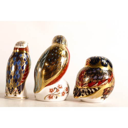 285 - Three Royal Crown Derby paperweights, King Fisher, Humming Bird & Owl, gold stoppers, boxed (3)