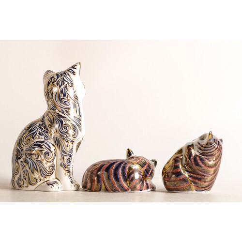 289 - Royal Crown Derby paperweights Mystic Cat (limited Edition), Playful Kitten & Sleeping Kitten, gold ... 