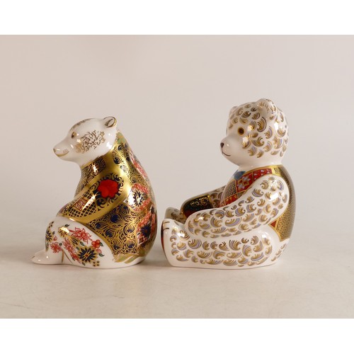 320 - Royal Crown Derby paperweights Seated Bear and Seated Bear with blue bow tie. (2)