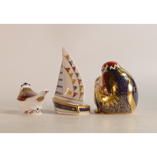 321 - Royal Crown Derby paperweights Mother & Baby Monkey (seconds), Membership Crested Tit and Christenin... 