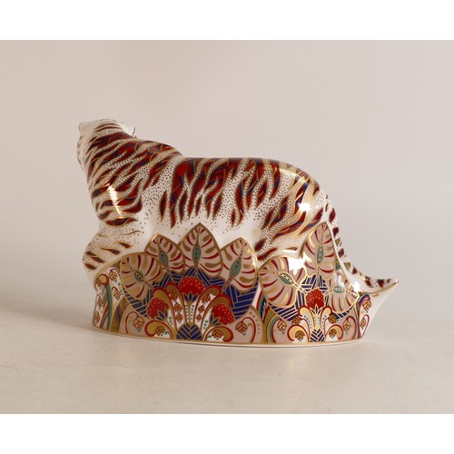 334 - Royal Crown Derby Bengal Tiger large paperweight, gold stopper, boxed.