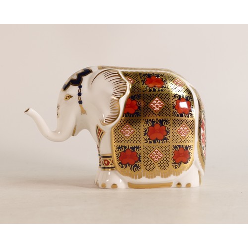 336 - Royal Crown Derby paperweight small elephant, gold stopper, boxed.