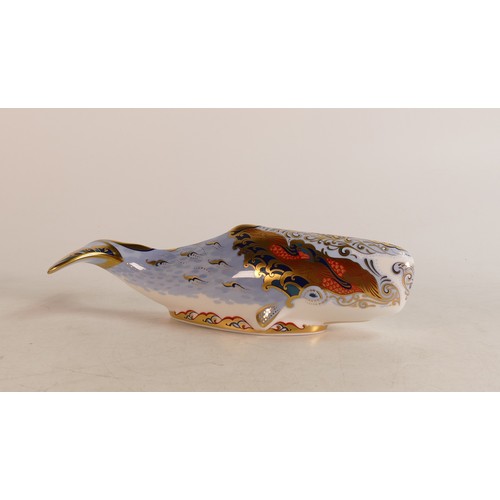 341 - Royal Crown Derby paperweight Oceanic Whale, gold stopper, boxed.