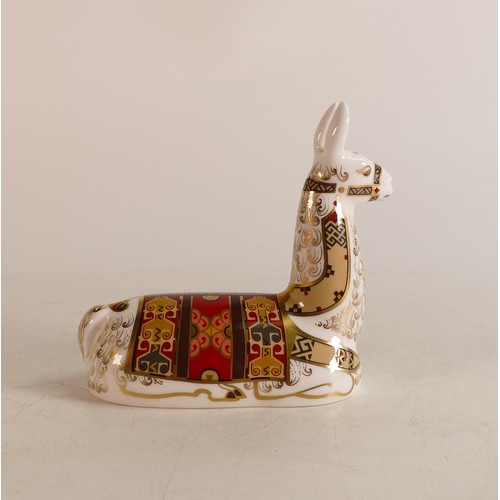 344 - Royal Crown Derby paperweight Llama, gold stopper, boxed.