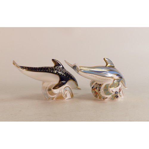 351 - Royal Crown Derby paperweights to include Dolphin and Wave Dolphin. Both gold stoppers (2)