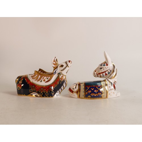 355 - Royal Crown Derby Paperweights Reindeer and Donkey, gold stoppers (2)