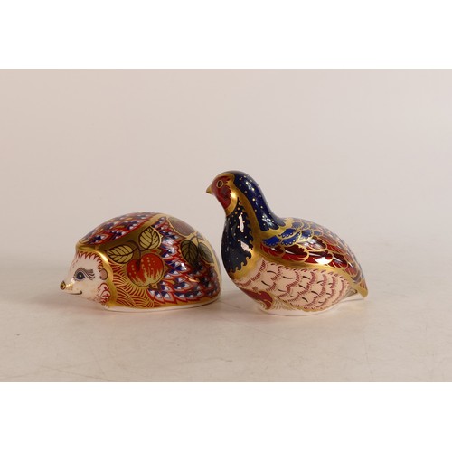 356 - Royal Crown Derby paperweights Partridge and Orchard Hedgehog, gold stoppers, partridge with cert (2... 