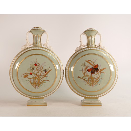 398 - A Pair of Minton Aesthetic period flask vases. The fronts are hand painted with Butterflies in natur... 