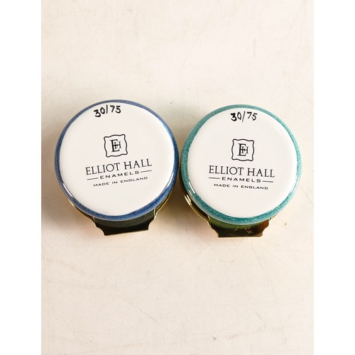 417 - Elliot Hall enamelled round lidded boxes in the Manatee and Raccoon designs. Limited edition 30/75. ... 