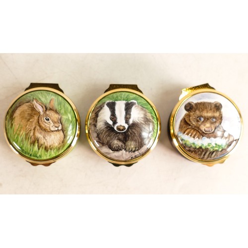 418 - Elliot Hall enamelled round lidded boxes in the Rabbit, Badger and Brown Bear designs. Limited editi... 