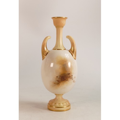 439 - Royal Worcester hand painted vase with Goldfinch by E Barker. Puce factory marks, height 16.5cm