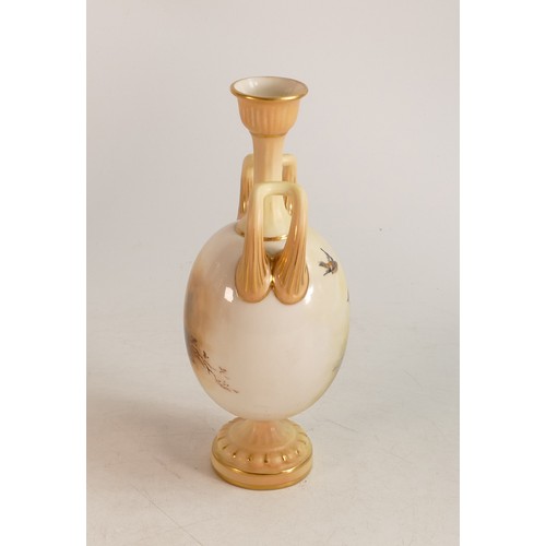 439 - Royal Worcester hand painted vase with Goldfinch by E Barker. Puce factory marks, height 16.5cm