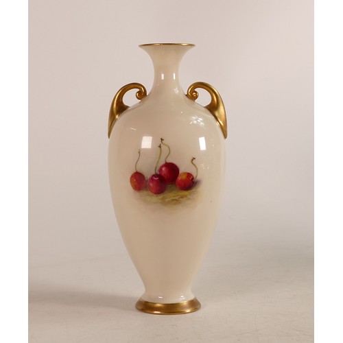 465 - Royal Worcester hand painted fruit design twin handled vase signed Ricketts: Puce backstamp, height ... 