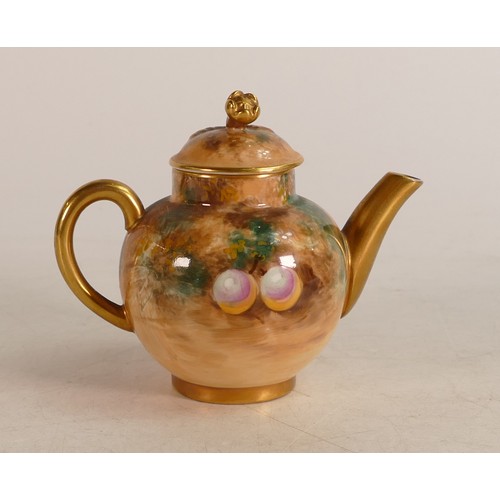 467 - Royal Worcester miniature tea pot, decorated all around with fruit, to a mossy background. Signed by... 