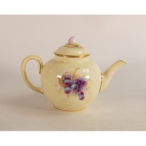 478 - Royal Worcester Ivory porcelain tea pot. Painted with fruit still life by R. Platt. Modelled with a ... 