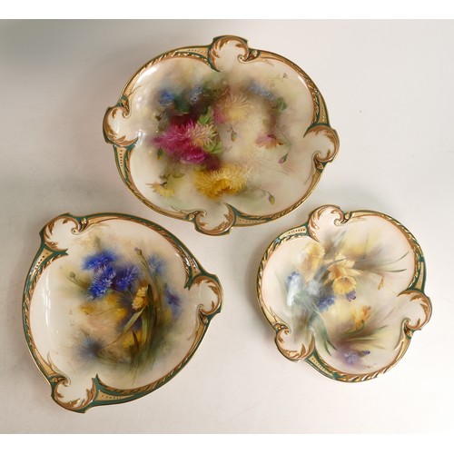 488 - Hadley Worcester floral decorated comport and two dishes. Diameter of comport 27cm (3)