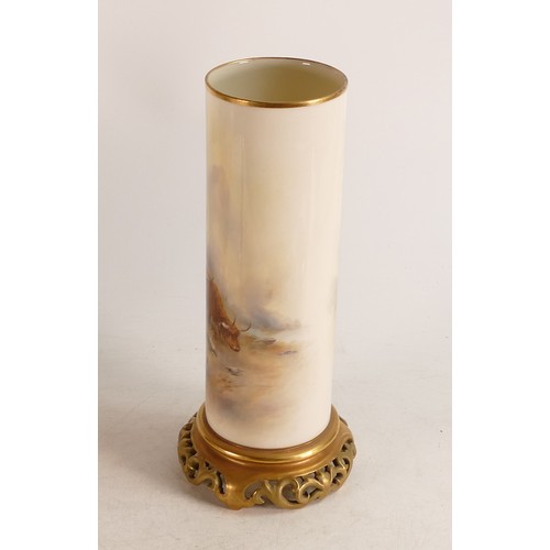 495 - A Royal Worcester Ivory Blush spill vase. Modelled with Chinoiserie gilt stand. Painted with Highlan... 