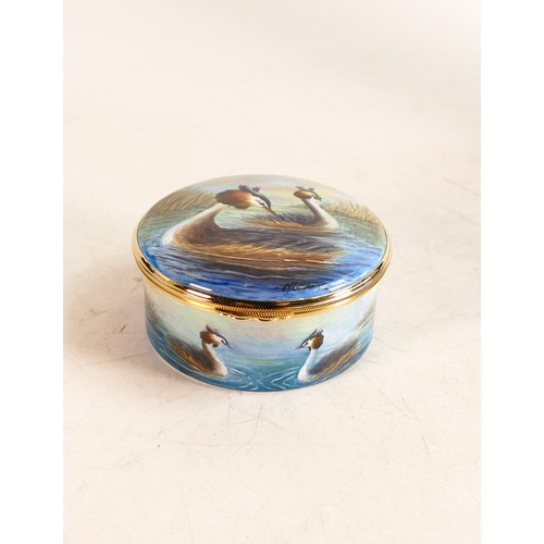 519 - Moorcroft Great Crested Grebe enamel lidded box  by Nigel Creed. Limited edition 25/50. Boxed with c... 