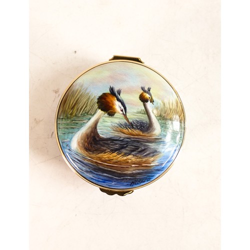 519 - Moorcroft Great Crested Grebe enamel lidded box  by Nigel Creed. Limited edition 25/50. Boxed with c... 