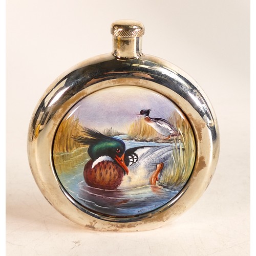 522 - Moorcroft enamel and silver Red Breasted Merganser hip flask by Nigel Creed. Limited edition 1/50. B... 