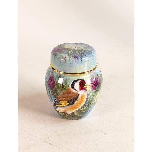 523 - Moorcroft enamel Goldfinches ginger jar by Nigel Creed. Limited edition 2/50. Boxed with certificate... 