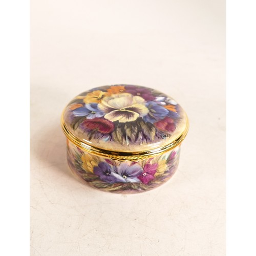 528 - Moorcroft enamel Pansy Bouquet lidded box by Nigel Creed. Limited edition 50/50. Boxed with certific... 