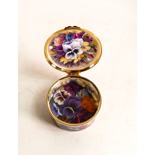 528 - Moorcroft enamel Pansy Bouquet lidded box by Nigel Creed. Limited edition 50/50. Boxed with certific... 