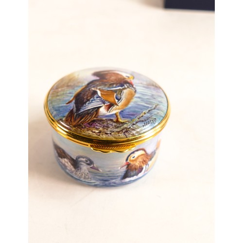 539 - Moorcroft enamel Mandarin Ducks lidded box by Nigel Creed. Limited edition 2/3. Boxed, diameter 5.5c... 