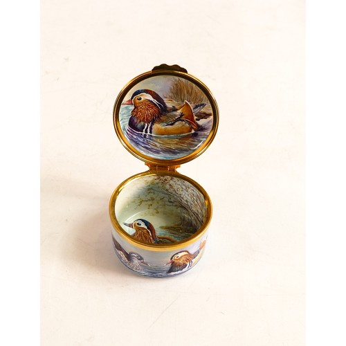 539 - Moorcroft enamel Mandarin Ducks lidded box by Nigel Creed. Limited edition 2/3. Boxed, diameter 5.5c... 