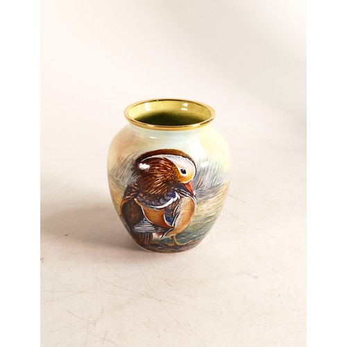 545 - Moorcroft enamel Mandarin ducks vase by Nigel Creed. Trial piece dated 14/10/03. Boxed, height 7.5cm