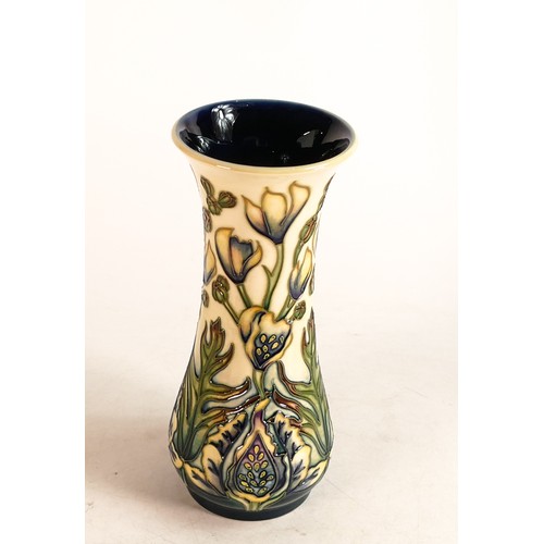 576 - Moorcroft Monkshood vase. Gold signed by Phillip Gibson and dated 11/6/99. Height 21cm, boxed