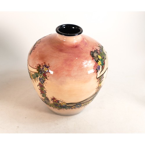 581 - Moorcroft M.C.C 1996 vase decorated with a nude lady holding a garland of flowers, pink background. ... 