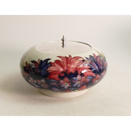 664 - William Moorcroft Cornflower bowl, signed, diameter 16cm. Sterling silver cover 96g.