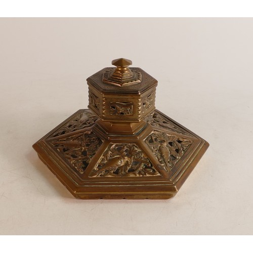 1665 - A Chinese Brass Inkwell on hexagonal base. Height: 11cm Diameter: 17cm