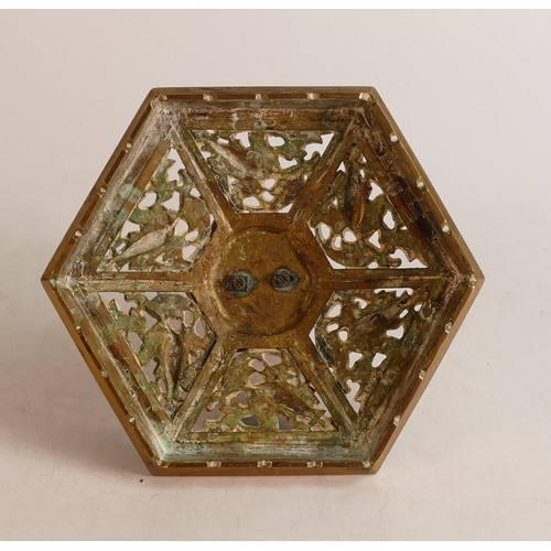 1665 - A Chinese Brass Inkwell on hexagonal base. Height: 11cm Diameter: 17cm