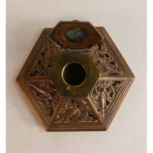 1665 - A Chinese Brass Inkwell on hexagonal base. Height: 11cm Diameter: 17cm