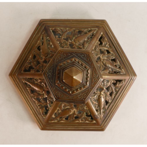 1665 - A Chinese Brass Inkwell on hexagonal base. Height: 11cm Diameter: 17cm