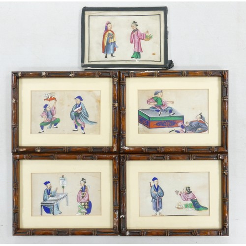 1669 - Set of five Chinese 19th century Watercolours on Rice paper. Scenes depicting various leisurely exch... 