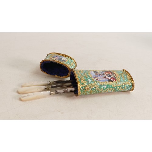 1679 - Gilt metal and enamelled Etui case with three implements. Length 10cm, damage to handle on 1 impleme... 