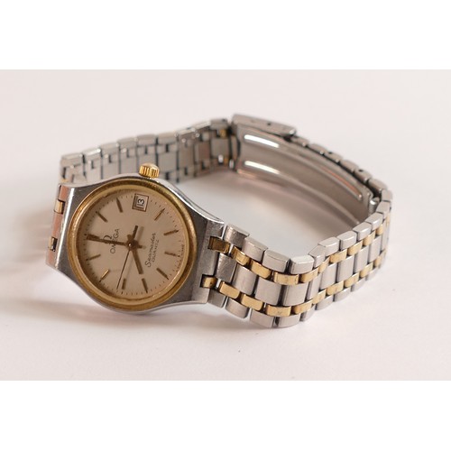 1861 - Omega Seamaster quartz ladies bi metallic wrist watch and integral bracelet.  Sold as not working, m... 