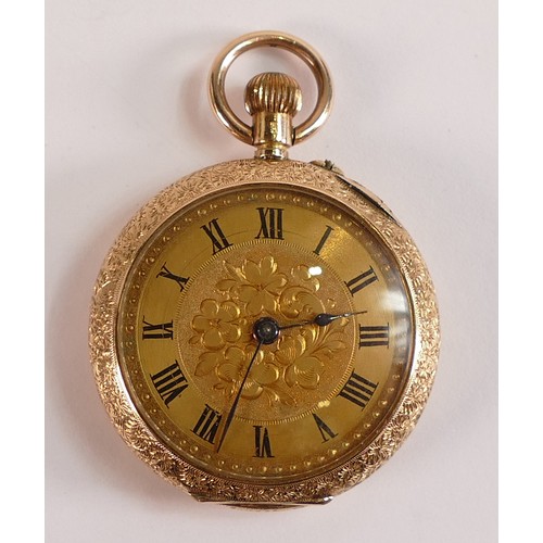 1862 - 14k gold ladies Swiss pocket watch, back cover marked 14k, inner dust cover gold plated.  Gross weig... 