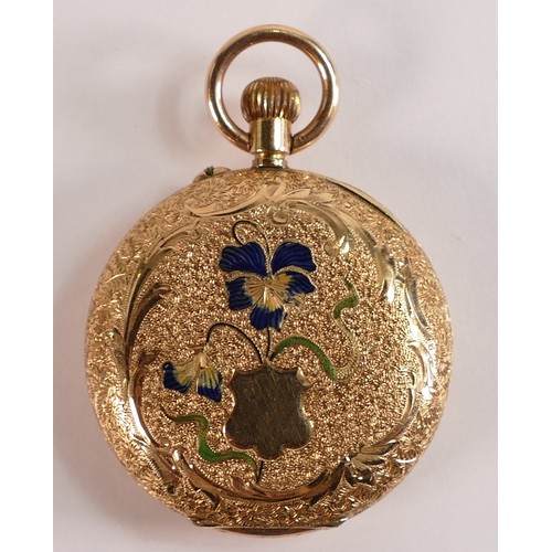 1862 - 14k gold ladies Swiss pocket watch, back cover marked 14k, inner dust cover gold plated.  Gross weig... 