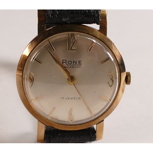 Rone 9ct hallmarked gold cased gents wrist watch, winds, tick, sets ...