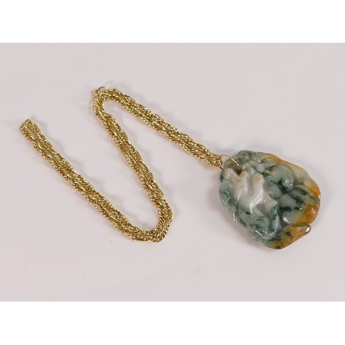 2097 - Chinese carved Jade pendant with 9ct gold chain, 4g, overall 20.9g.