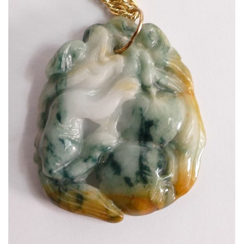 2097 - Chinese carved Jade pendant with 9ct gold chain, 4g, overall 20.9g.