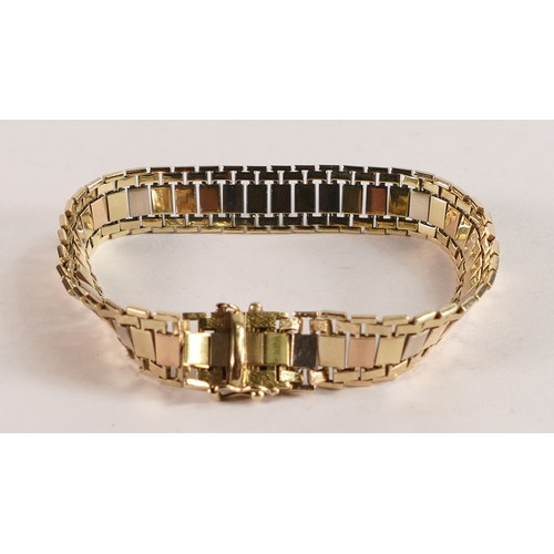 2104 - 9ct three coloured gold bracelet, 23.5g.