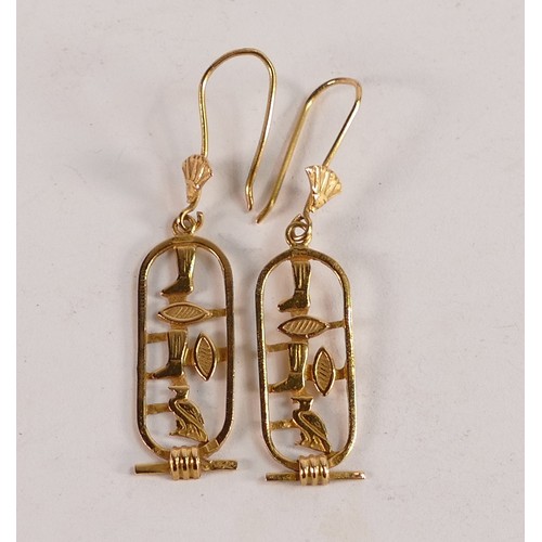 2106 - Pair yellow metal Egyptian style earrings, tested to be 15ct or higher carat, 4.5g.