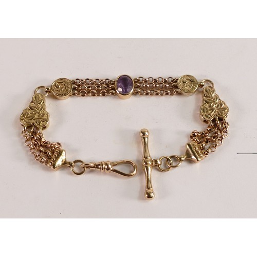 2107 - Quality 9ct gold Victorian style bracelet set with oval Amethyst stone, 17.2g.