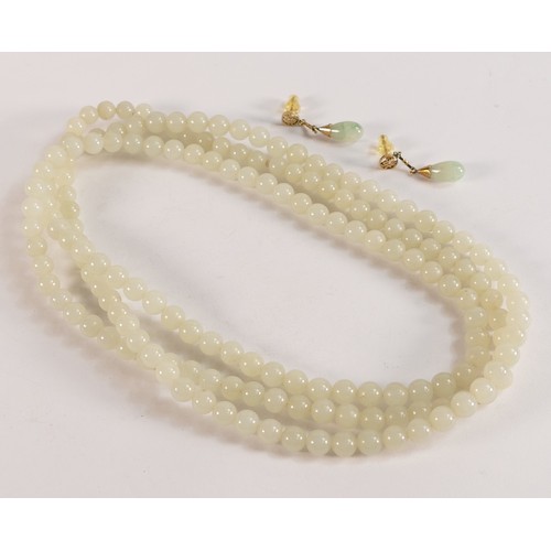 2109 - A Jade bead necklace, length 125cm, 107g together with a pair of Jade earrings with yellow metal Chi... 