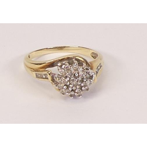 766 - 10ct gold & diamond cluster ring, size M/N, 3.2g.